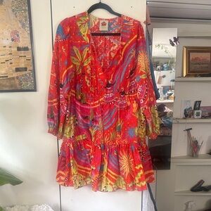 FARM Rio Red Multicolor Long Sleeve Tiered Dress